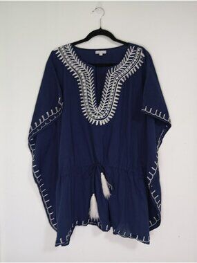 Debbie Katz Cover Up Tunic White Embroidery Tassels Lightweight Cotton Size XL